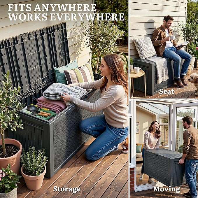 YITAHOME 90 Gallon Outdoor Deck Box, Lockable Resin Deck Box with Handles, Outdoor Storage Box for Patio Furniture, Garden Tools, Waterproof & UV Resistant, Dark Grey