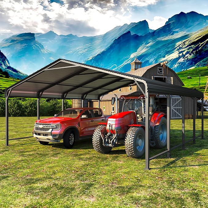 20' x 20' Metal Carport with Updated Roof & Enhanced Base, Heavy Duty Canopy Carport Garage, Vertaile for Car, Truck, Boat, Tractors, Party, Grey