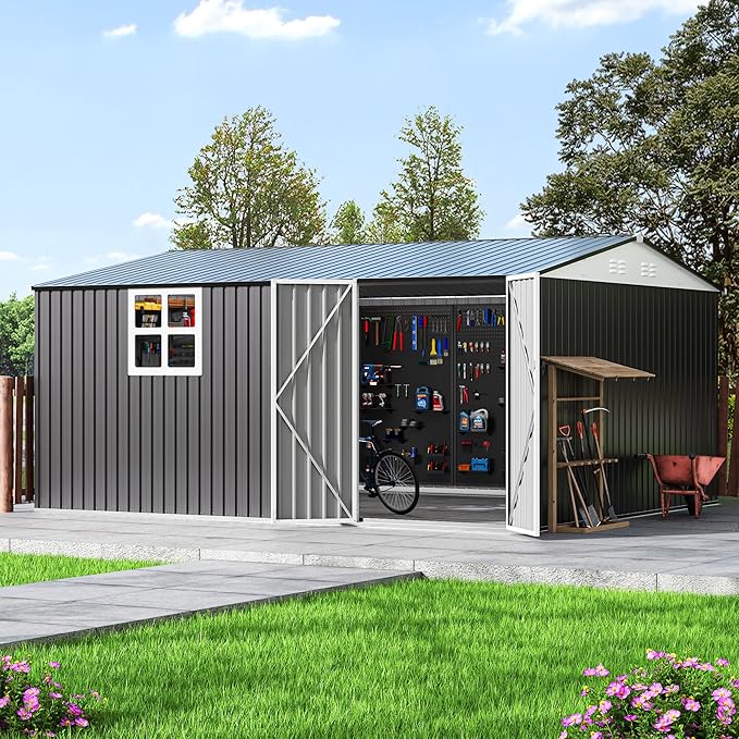 Polar Aurora 12X14 FT Metal Outdoor Storage Shed with Window, Heavy-Duty Galvanized Steel Garden Shed with Lockable Doors and 4 Vents, Large Weatherproof Tool Shed for Backyard Patio Outside, Black