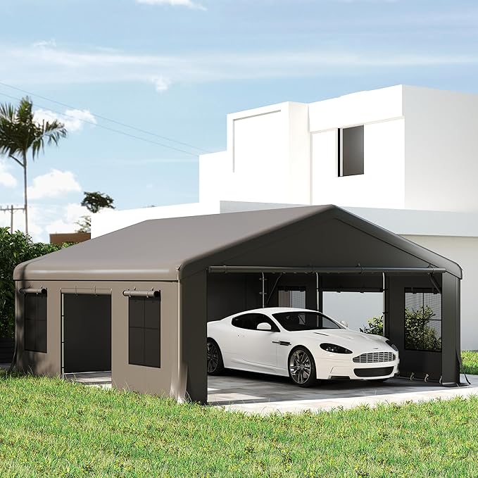 Outsunny 20' x 20' Heavy Duty Carport, Portable Garage Car Canopy Tent with Reinforced Galvanized Frame, 3 Roll-up Doors, 4 Mesh Windows for Cars, Trucks, Boats, Motorcycle, Bike, Dark Gray