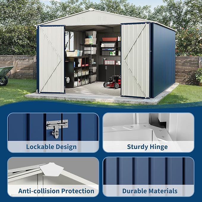 GarveeLife 10x12 FT Metal Storage Shed for Outdoor with Floor Frame&Clear Window,Steel Yard Shed with Design of Lockable Doors, Utility and Tool Storage for Garden, Backyard, Patio, Outside,Navy Blue