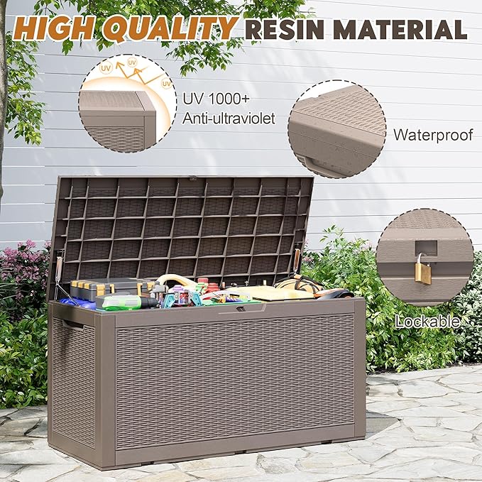 Oudoor Storage Deck Boxes Waterproof, Waterproof and UV Resistant Outdoor Storage Box Lockable Lid for Delivery Box, Indoor, Garden Tools, Pool Supplies, Patio (Grey, 110 Gallon)