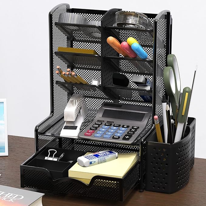 Simple Houseware SHW 6-Compartment Desktop Organizer with Drawer, Black