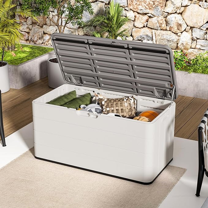 Outdoor Storage Box, 100 Gallon Plus Resin Deck Box Waterproof for Patio Furniture, Garden Tools and Pool Accessories, Lockable UV-Resistant Storage Bin Bench Cabinet for Outside, White