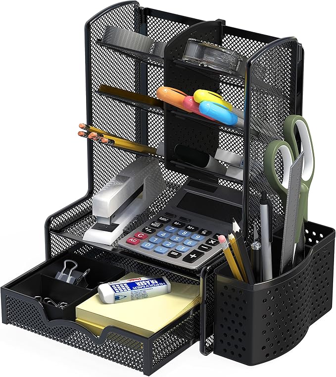 Simple Houseware SHW 6-Compartment Desktop Organizer with Drawer, Black