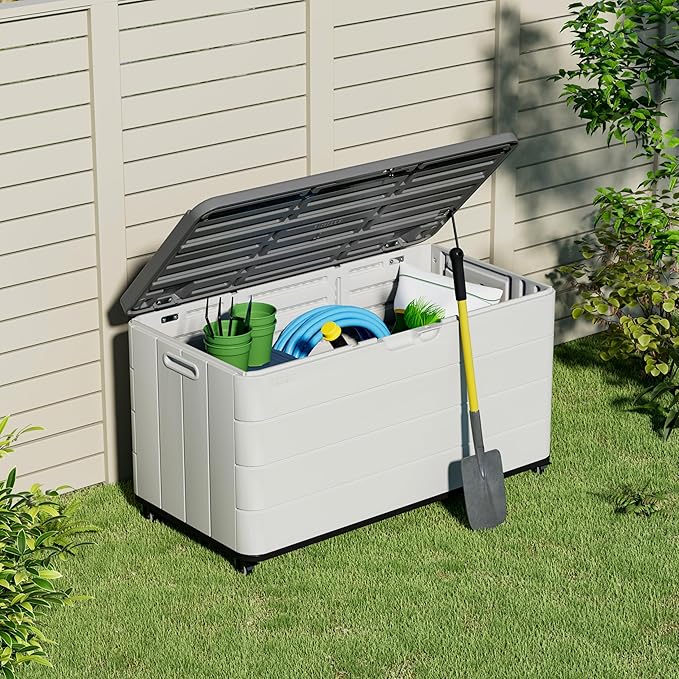 Outdoor Storage Deck Box Waterproof, 110 Gal Wheels Large Lockable Patio Storage Bin Chest, Resin Outside Container Seat Bench for Furniture Cushions, Pool Accessories, Garden Tools & Delivery, White