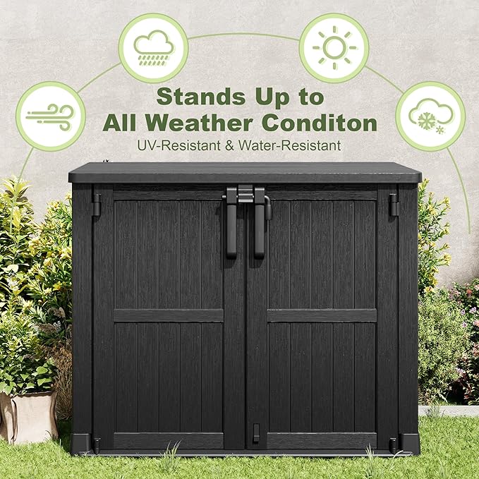 Plastic Outdoor Storage Shed, 36 Cu Ft Waterproof Outdoor Storage Cabinet with Dual Lock Door for Backyard, Patio, Garage, Garden to Store Tools & Accessories, Wood-Grain（Dark Black