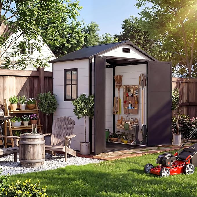 6x4 FT Outdoor Storage Shed with Floor, Plastic Resin Garden Shed with Window & Sloping Roof & Lockable Door for Patio Backyard Garden, Lawn Mower, Bike, Tool Storage