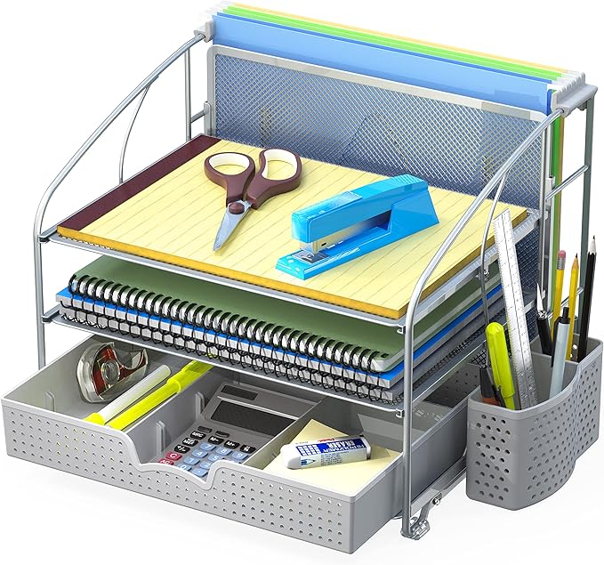 Simple Houseware 3-Tier Desk Organizer with Sliding Drawer, Hanging File Holder and Pen Holder Accessory, Silver