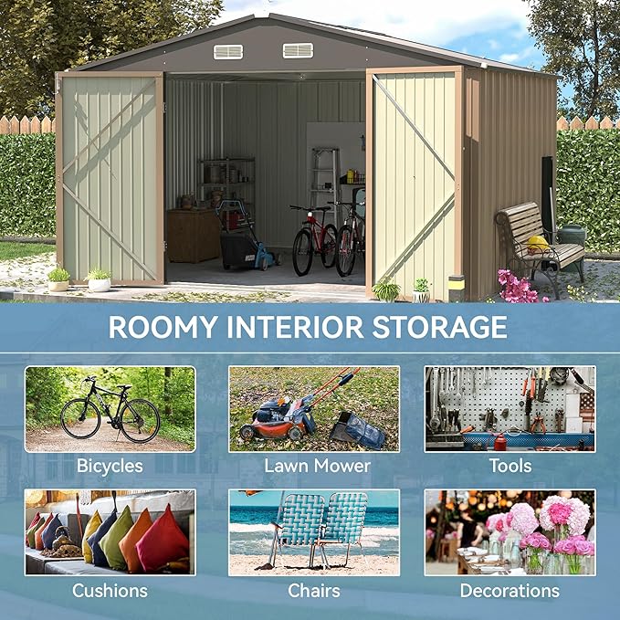 Patiowell 10x8 FT Storage Shed, Outdoor Metal Sheds with Lockable Door and Sloping Roof, Waterproof Outside Large Garden Tool Shed with Breathable Vents for Patio Lawn Backyard, Brown