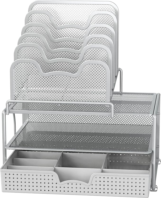 Simple Houseware Mesh Desk Organizer with Sliding Drawer, Double Tray and 5 Stacking Sorter Sections, Silver