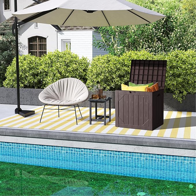 Outdoor Storage Deck Box Waterproof,30 Gallon Lockable Patio Package Delivery Bin as Seat, Resin Storage Container Bench for Furniture Cushions, Pool Accessories, Garden Tools, Brown