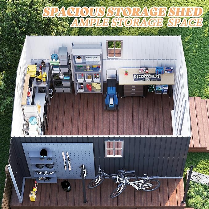 Jocisland 12x12x6.6 FT Galvanized Metal Storage Shed with Open Firewood Storage, Sliding Doors & Ramp, 2 Windows & Vents, Weather-Resistant Outdoor Tool/Garden Shed, Dark Grey/White