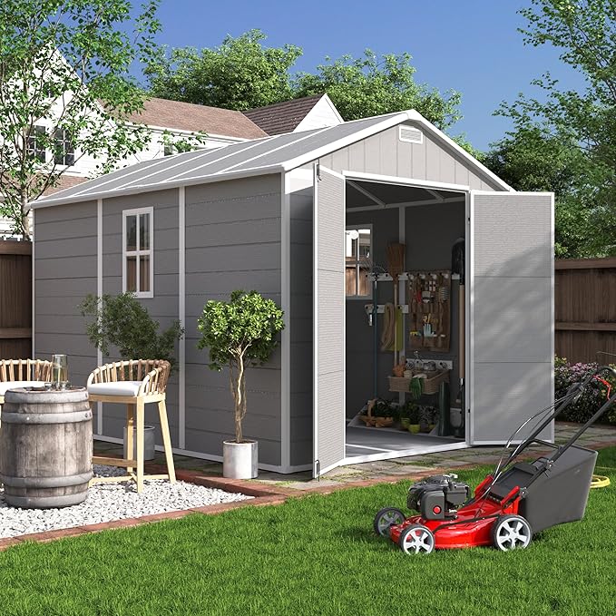 UDPATIO Outdoor Storage Shed 7.5x10.7 FT, Grey & White Resin & Steel Shed with Lockable Door for Backyard, Patio, Lawn