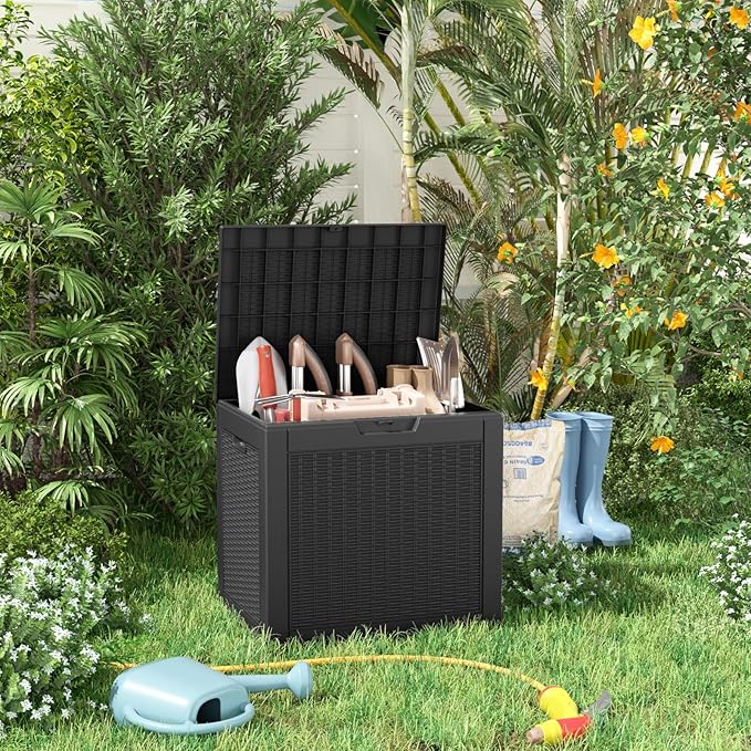 32 Gallon Outdoor Storage Box, Large Resin Deck Box for Patio Cushions, Garden Tools, Pool Accessories, Waterproof and Lockable Design, Storage Bench for Backyard & Deck(Black)