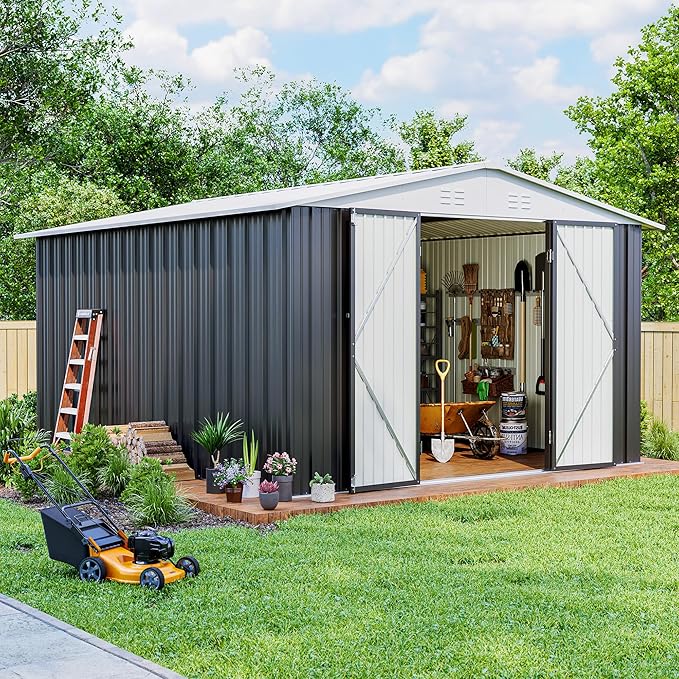 10x12 FT Outdoor Storage Shed, Metal Garden Shed with Updated Frame Structure and Lockable Doors, Heavy Duty Weatherproof Tool Sheds for Backyard Garden Patio Lawn, White