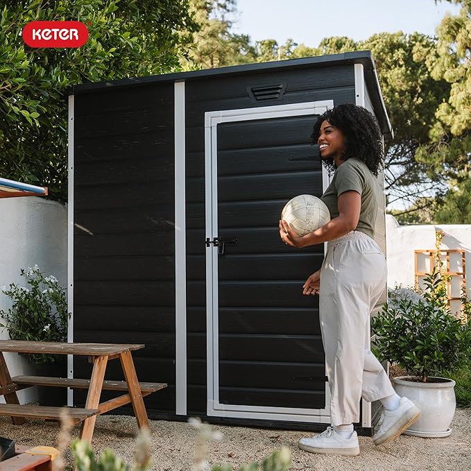 Keter Essential Shed 4x6 Resin Outdoor Storage Shed Ideal Storage for Patio Furniture, Garden Tools Bike Accessories, Beach Chairs and Lawn Mower, Black and White