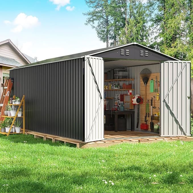 8x12 FT Outdoor Storage Shed, Garden Shed with Updated Frame Structure and Lockable Doors, Metal Tool Sheds for Backyard Garden Patio Lawn, Grey