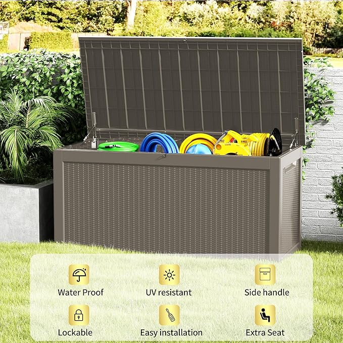 320 Gallon Lockable Resin Outdoor Storage Box, Waterproof & Weather Resistant Deck Box for Patio Cushion, Garden Tools & Pool Accessories, Grey