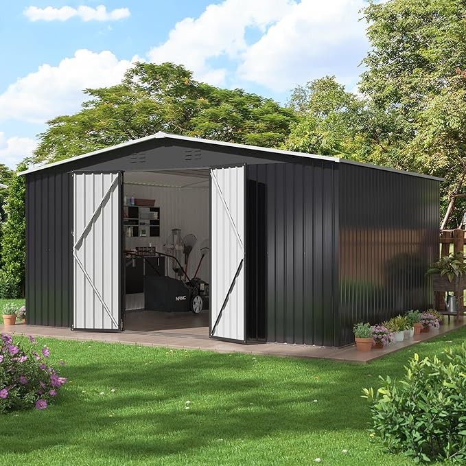 Polar Aurora 12x14 FT Outdoor Storage Shed, Garden Shed with Updated Frame Structure and Lockable Doors, Metal Tool Sheds for Backyard Garden Patio Lawn, Black