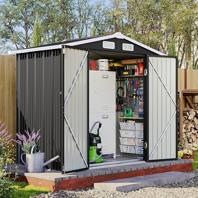 6x4 FT Outdoor Storage Shed with Base, Metal Garden Tool Shed with Sloping Roof & Lockable Door for Patio Lawn Backyard (Black with Base)