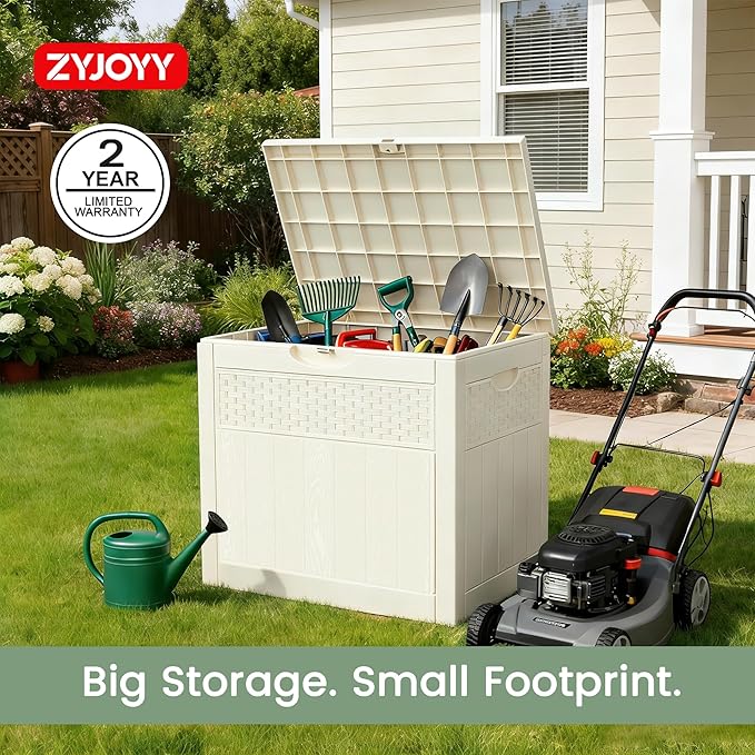 ZYJOYY 33 Gallon Resin Deck Box, Weatherproof Outdoor Storage Box for Patio, Garden and Yard, Lockable Waterproof Bin for Tools, Cushions, and Accessories, White