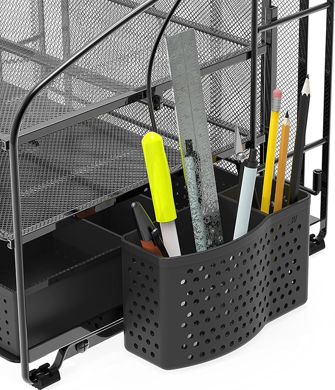 Simple Houseware 3-Tier Desk Organizer with Sliding Drawer, Hanging File Holder and Pen Holder Accessory, Black