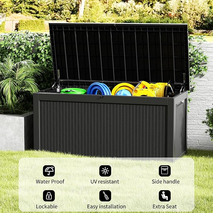 320 Gallon Outdoor Storage Box, Extra Large Waterproof Resin Deck Box with Lockable Lid Storage Bin for Patio Furniture Cushion, Garden Tools, Pool Accessories, UV-Resistant Outside, Black
