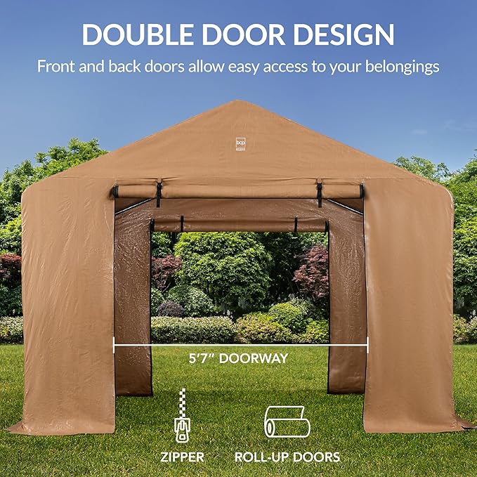 Best Choice Products 10x8ft Outdoor Storage Shed, Carport, Canopy Shelter, Dual Doors & Windows, Metal Frame, Weather-Resistant, Perfect for Storing Motorcycle, Bike, Garden Tools – Tan