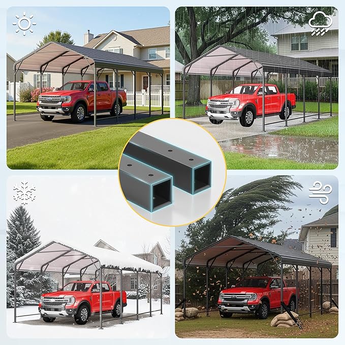 Wisteria Lane 12x20FT Metal Carport, Heavy Duty Carport Canopy with Reinforced Frame and Base for All-Weather, Outdoor Garage Car Port for Boats, Tractors, Pickup Trucks or Party, Dark Gray