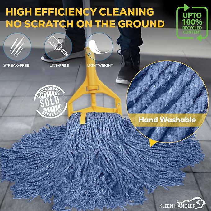 Pack of 6 Cut End Blended Mop Head Replacement, 1.25-inch Universal Headband, Wet Mop Refills, Blue, 16 Oz