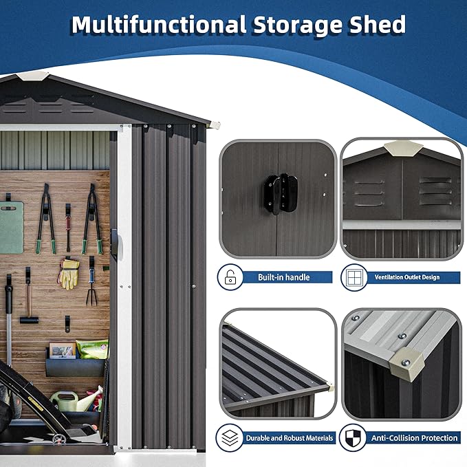 JYQAQA 6x4 FT Outdoor Storage Shed,Waterproof Metal Garden Sheds with Lockable Double Door,Weather Resistant Steel Tool Storage House Shed for Garden,Patio,Lawn, Gray