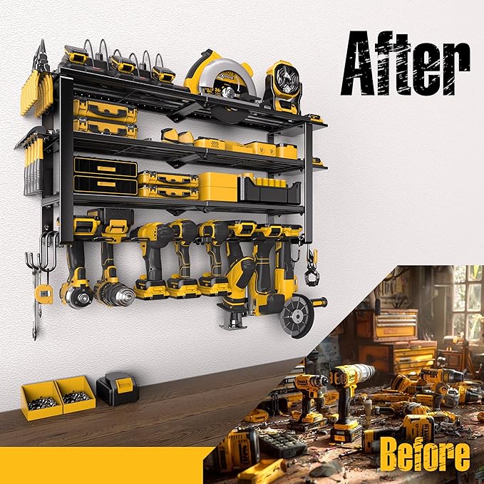 420LB Capacity Power Tool Organizer with Charging Station & 6 Outlets | Quick Assembly 4-Layer Heavy Duty Rack for Drills & Batteries | Ultimate Garage Storage & Christmas Gift for Men