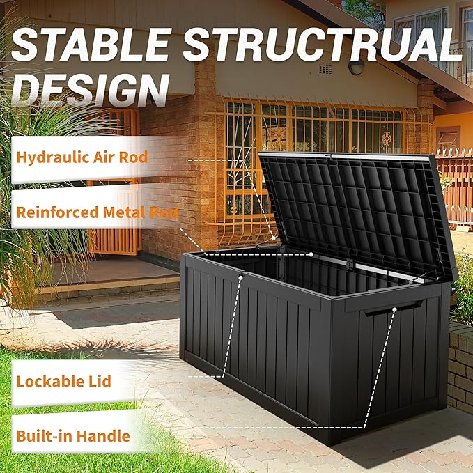 240 Gallon Outdoor Storage Box, Resin Deck Boxes Outdoor Waterproof For Patio Furniture, Garden Tools, Pool Supplies, Lockable And UV Resistant (Striped Black)