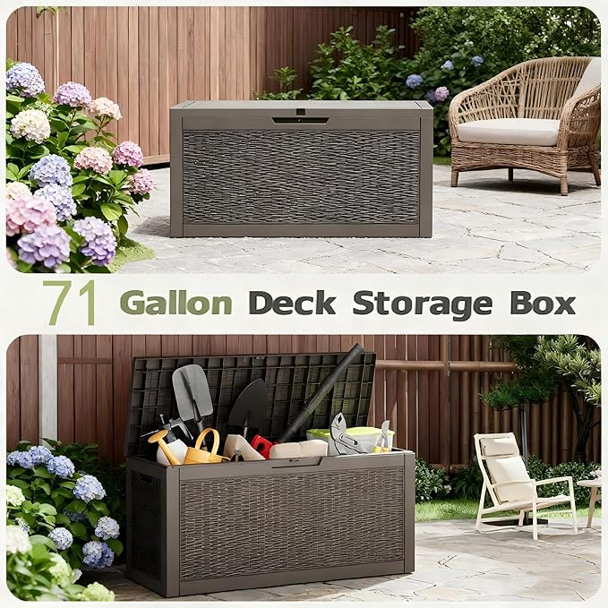 71 Gallon Outdoor Storage Box, Resin Deck Boxes Outdoor Waterproof For Patio Furniture, Garden Tools, Pool Supplies, Lockable And UV Resistant (Rattan Gray)