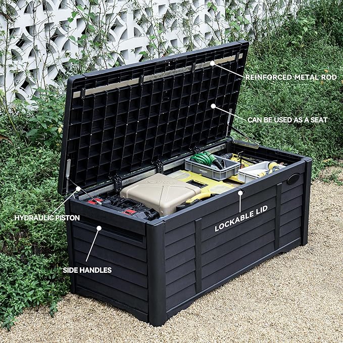 DWVO 150 Gallon Large Deck Box Waterproof Outdoor Storage Box, Extra Large Storage Bin, Resin Louvered Patio Storage for Indoor Pillows, Garden Tools & Pool Supplies, Lockable, Black