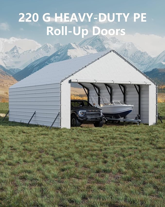 GarveeLife Heavy-Duty PE Enclosure Kit (2-Pack) for Metal Carport - 220gsm Roll-Up Zipper Door Panels for 20x25, 20x20 ft, with Ball Bungees, White