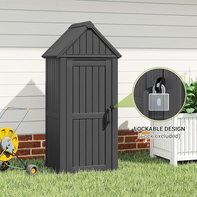 Outdoor Storage Shed - Waterproof Resin Outdoor Storage Cabinet with Removable Shelves & 12 Hooks, Lockable All-Weather Storage for Garden Tools, Grilling Supplies, Classic Black