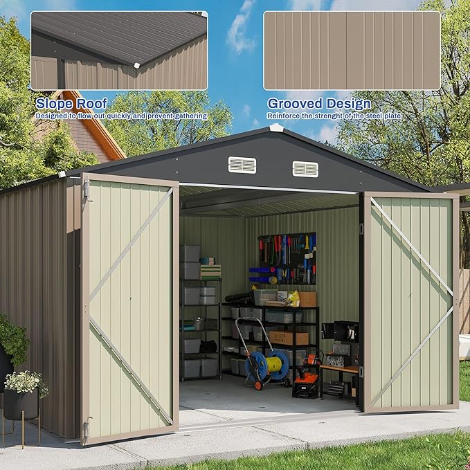Patiowell 10x10 FT Storage Shed, Outdoor Metal Sheds with Lockable Door and Sloping Roof, Waterproof Outside Large Garden Tool Shed with Breathable Vents for Patio Lawn Backyard, Brown
