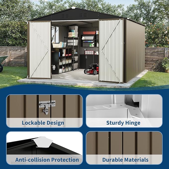 GarveeLife 10 x 12 FT Metal Storage Shed for Outdoor with Floor Frame&Clear Window,Steel Yard Shed with Design of Lockable Doors, Utility and Tool Storage for Garden, Backyard, Patio, Outside, Brown