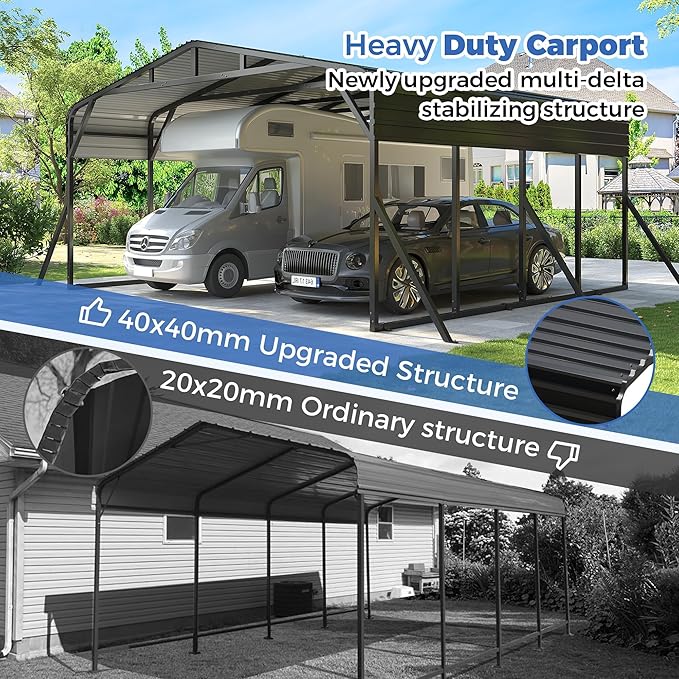 20’x20’ Carport Canopy Metal Carport Heavy Duty Car Port Galvanized Steel Roof, Reinforced Stable Triangle Frame Enhanced Base for Snowy Windy Carports Car Tent for Car,Pickup,RV,Tractor,Boat