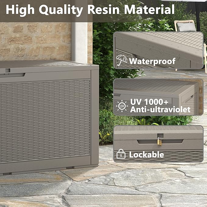 110 Gallon Outdoor Storage Box, Resin Deck Boxes Outdoor Waterproof For Patio Furniture, Garden Tools, Pool Supplies, Lockable And UV Resistant (Rattan Gray)