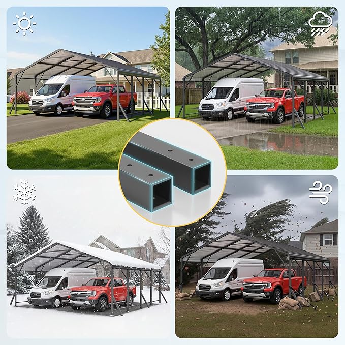 Wisteria Lane 20'x20' Metal Carport with Updated Roof & Enhanced Base, Heavy Duty Canopy Carport Garage, Vertaile for Car, Truck, Boat, Tractors, Party, Dark Gray