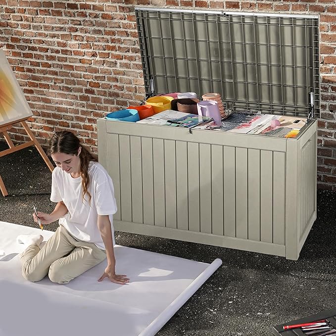 DWVO 230 Gallon Outdoor Storage Box, XXL Weather Resistant Resin Large Deck Box for Patio, Cushions, Tools, and Sports Equipment - Light Brown