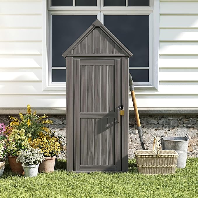 Outdoor Storage Shed - Waterproof Resin Outdoor Storage Cabinet with Removable Shelves & 12 Hooks for Garden Tools, Grilling Supplies, Gray