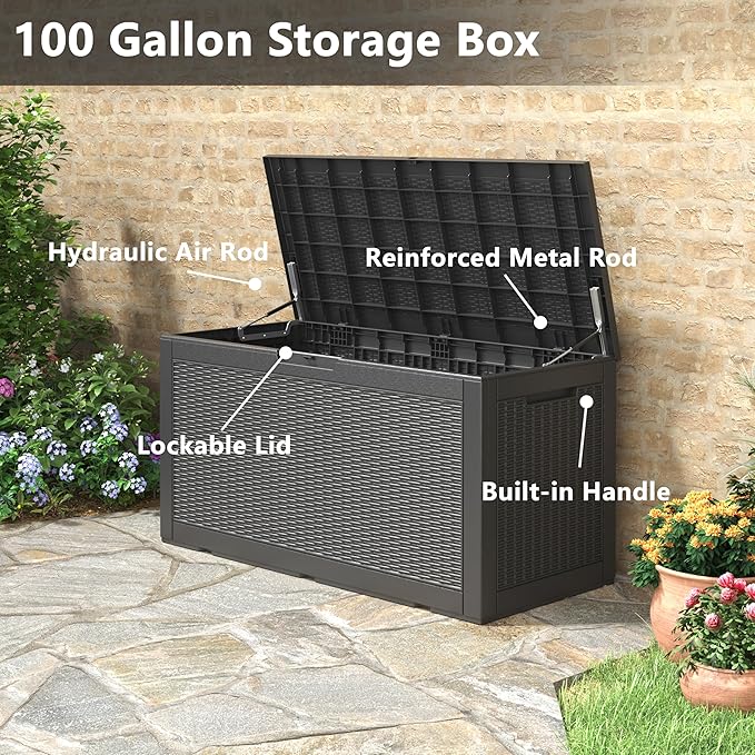 Oudoor Storage Box, 100 Gallon Resin Waterproof Deck Box Outside, Lockable Lid for Delivery Box, Patio, Indoor, Garden Tools, Pool Supplies - Black