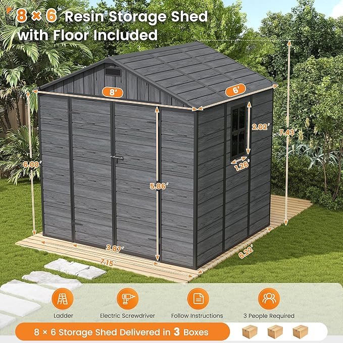 UDPATIO Resin Storage Shed 8 x 6 FT, Plastic Outdoor Storage Shed with Floor Outdside Storage Garden Patio Sheds with Lockable Door for Bike, Garbage Can, Tool, Dark Grey