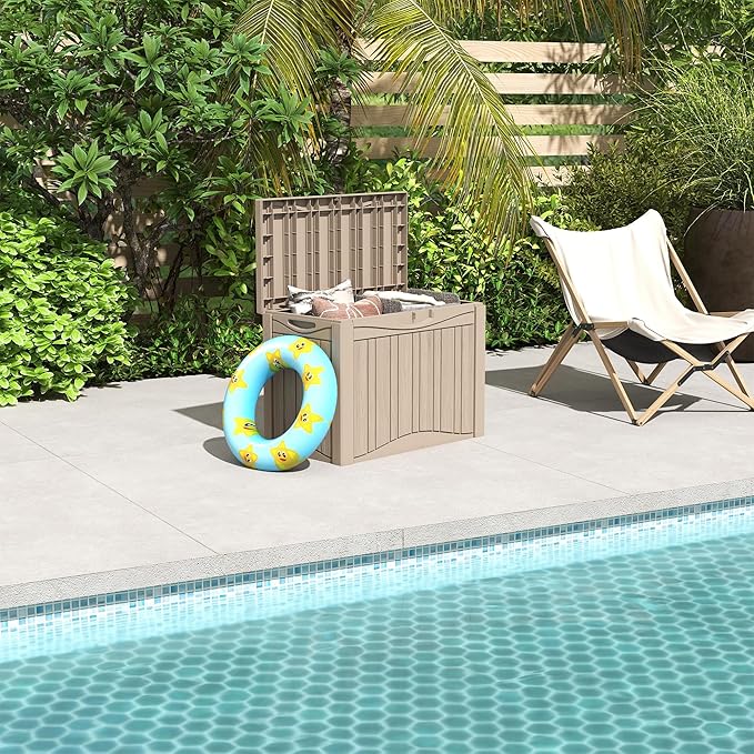 Outdoor Storage Box, 50 Gallon Plus Resin Deck Box Waterproof for Patio, Poolside and Garden, Lockable UV-Resistant Storage Bin Bench Cabinet for Small Spaces, Grey