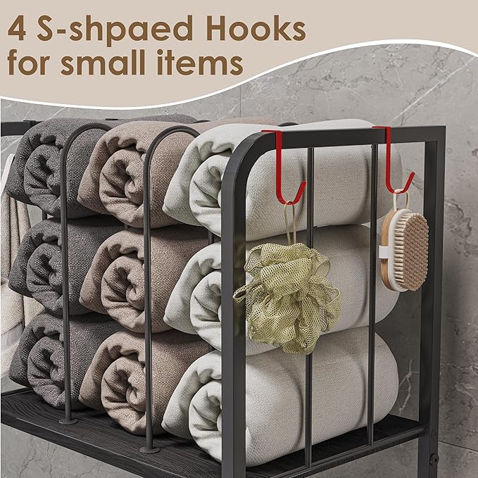 Standing Towel Racks for Bathroom 3-Tier, Durable Metal Towel Rack Stand, Pool Items Holder, M-Shaped Detachable Dividers for Towel Storage, Space-Saving Storage Organizer Black, Patent Pending