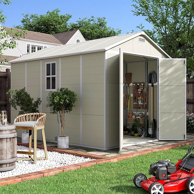 UDPATIO Outdoor Storage Shed 7.5x10.7 FT, Plastic Sheds & Resin Outside Storage for Trash Can, Bike, Lawnmower, Generator, Tool Shed with Lockable Door for Backyard, Lawn, Patio, Sandstone